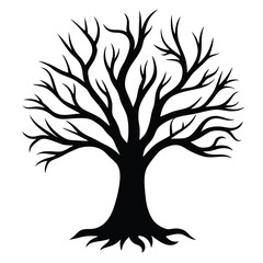 Silhouette of a bare tree with intricate branches against white background