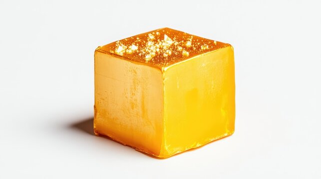 Golden cube of butter photographed with precision against a seamless white background, detailed texture