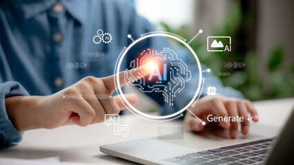 Finger pressing AI generate button on virtual screen, artificial intelligence and machine learning concept