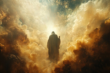 Obraz premium Man standing in clouds with a halo.