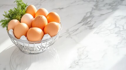 Raw eggs in a holder over glossy white tiles, overhead food styling for natural cooking themes