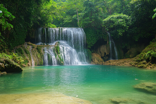 Majestic waterfall cascading through lush jungle foliage, surrounded by vibrant greenery and rocks, with mist rising under the sunlight.