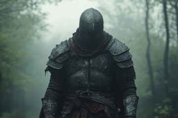 Knight in the woods: A warrior in medieval armor, holding a sword, stands surrounded by tall trees with dappled sunlight filtering through the leaves.