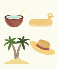 Flat Design Illustration with Coconut Cocktail, Hat, Palm, Swimming Pool