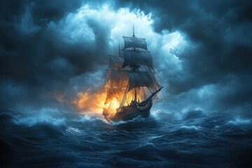 Ship battling through stormy ocean waves, dark clouds looming overhead, dramatic and intense atmosphere.