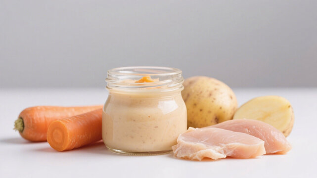 tudio Image of Creamy Chicken and Vegetable Baby Puree in Glass Jar &ndash; Fresh Ingredients, High Detail, Clean Background