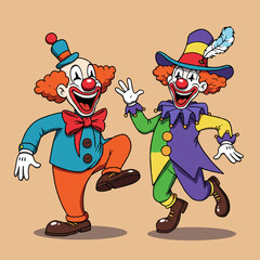 set of funny cartoon vector illustrations shows two clowns dancing and radiating happiness