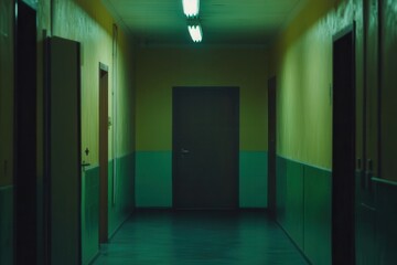 Eerie green hallway with multiple doors
