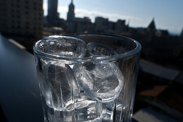 Ice cubes in a glass. Close up. Selective focus.