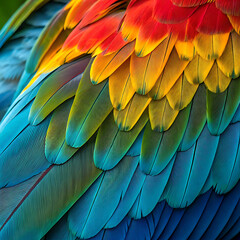 A Symphony of Colors: Capture the vibrant essence of a macaw's plumage with this close-up of intricately arranged feathers, boasting a spectrum of reds, yellows, greens, and blues.