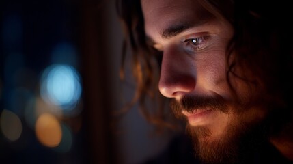 A man's intense focus in digital immersion, glowing softly with unseen connection
