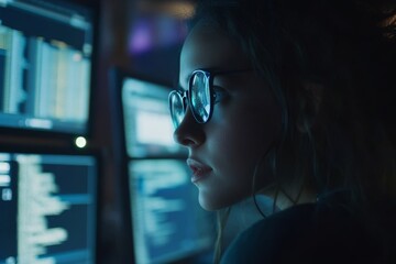 Woman with glasses looks at computer screens filled with code in a dark room at night.