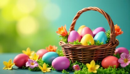 Vibrant Easter eggs in a colorful basket, surrounded by spring flowers , colorful eggs, willow, Easter