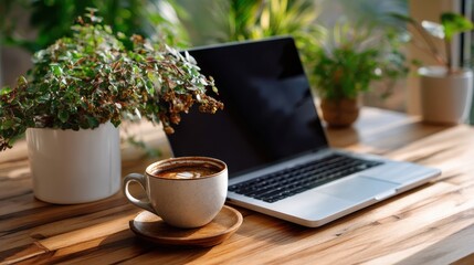 A hot coffee cup sits near a laptop and plants on a wooden desk creating a serene workspace atmosphere.