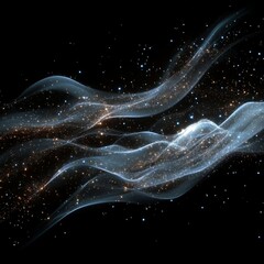 Fototapeta premium Wavy ribbons of light float across a dark background filled with tiny sparkling dots of golden and silver color.
