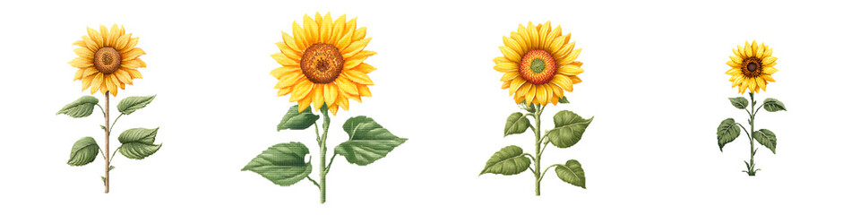 Fototapeta premium Vibrant sunflowers in varying sizes, showcasing their bright yellow petals and green leaves, ideal for nature-themed designs and botanical illustrations.