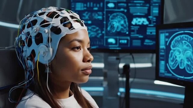 Brain Activity Study: A focused individual undergoes a scientific study, wearing an EEG cap to monitor brain activity, amidst the backdrop of advanced technological displays in a laboratory.