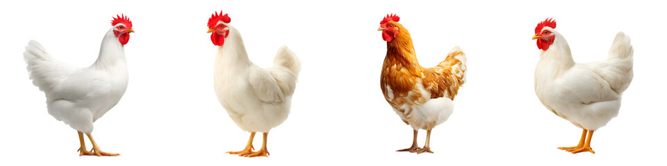 Fototapeta premium Four vibrant chickens showcasing diverse breeds with distinct colors and feather patterns, embodying a lively farmyard atmosphere ideal for agricultural themes or poultry-related content.