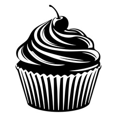Stylized black and white cupcake with a cherry on top illustration