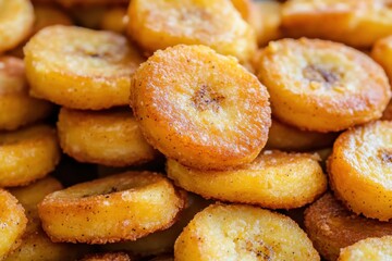 Close-up of Sweet Fried Plantains Stacked High in a Pile Golden Brown Delicious Tropical Cuisine Caribbean Food