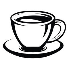 Black and white illustration of a coffee cup on a saucer design