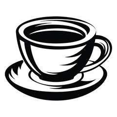 Stylized black and white image of a coffee cup and saucer with liquid