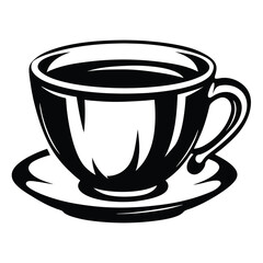Stylized monochrome image of a coffee cup and saucer with dark liquid