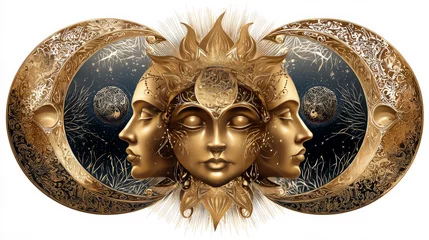 Triple moon pagan Wicca moon goddess symbol. Three-faced Goddess: Maiden – Mother – Crone vector illustration.  Tattoo, astrology, alchemy, boho and magic symbol. Vector illustration in gold.