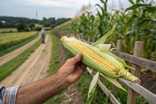 Hand holding freshly picked corn cob. Organic farming and fresh produce