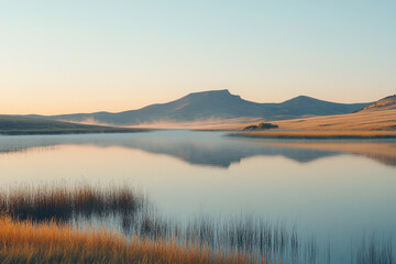 Lake with reeds and distant mountains.