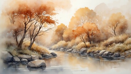 Naklejka premium autumn landscape, river, lake watercolor illustration