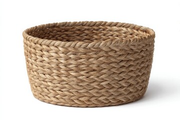 Obraz premium A round, tightly woven jute basket sits on a white background. Its neutral beige color and textured weave create a rustic, yet elegant feel.