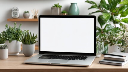Fototapeta premium A laptop with blank white screen rests on a desk surrounded by potted plants in a bright modern room.