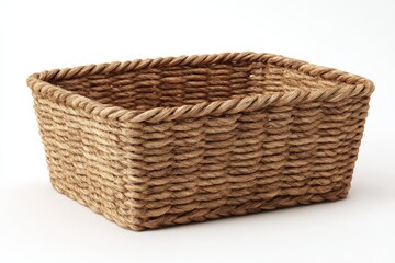 Obraz premium A light brown woven rope storage basket sits on a white background. The basket is rectangular with a rope trim.