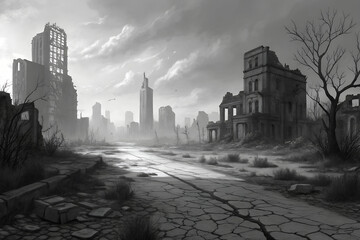 Post Apocalyptic Cityscape Ruins Grayscale Digital Art – Dramatic Urban Ruin in Monochrome for Futuristic and Dystopian Designs