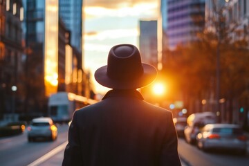 Plakat Elegant businessman walking away at sunset, navigating a busy city street filled with traffic, buildings, and the warm glow of evening light