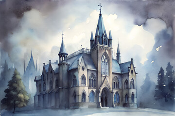 Watercolor Winter Cathedral In A Snowy Landscape
