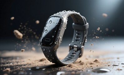 Waterproof Fitness Tracker with Water Droplets and Dust Particles in Dramatic Spotlight Against Dark Background