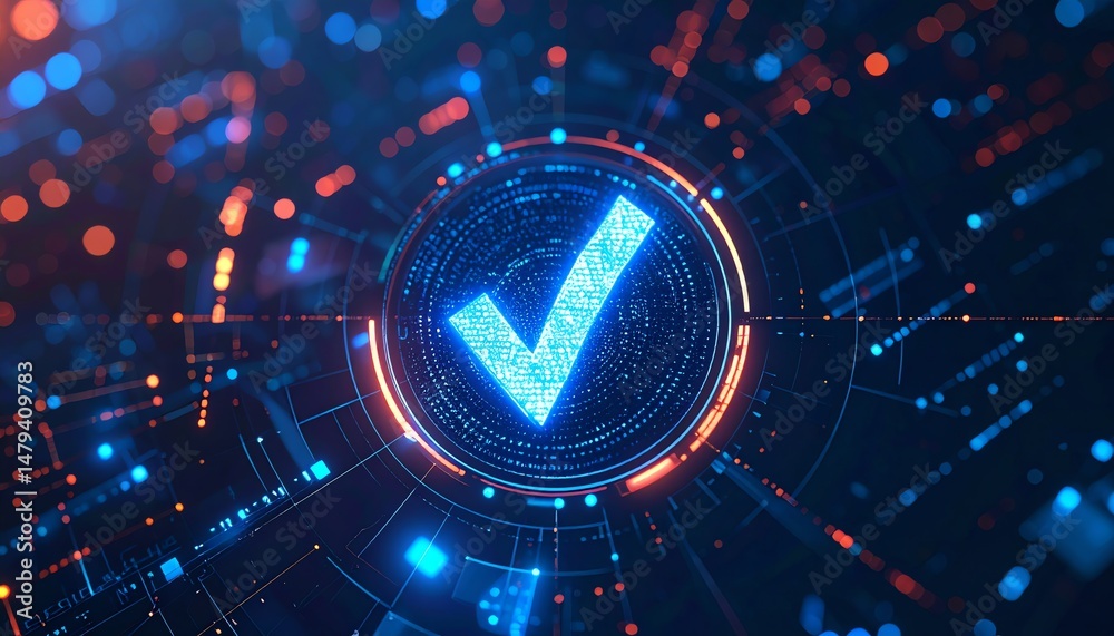 Poster a futuristic digital checkmark surrounded by glowing data points and patterns, representing verifica