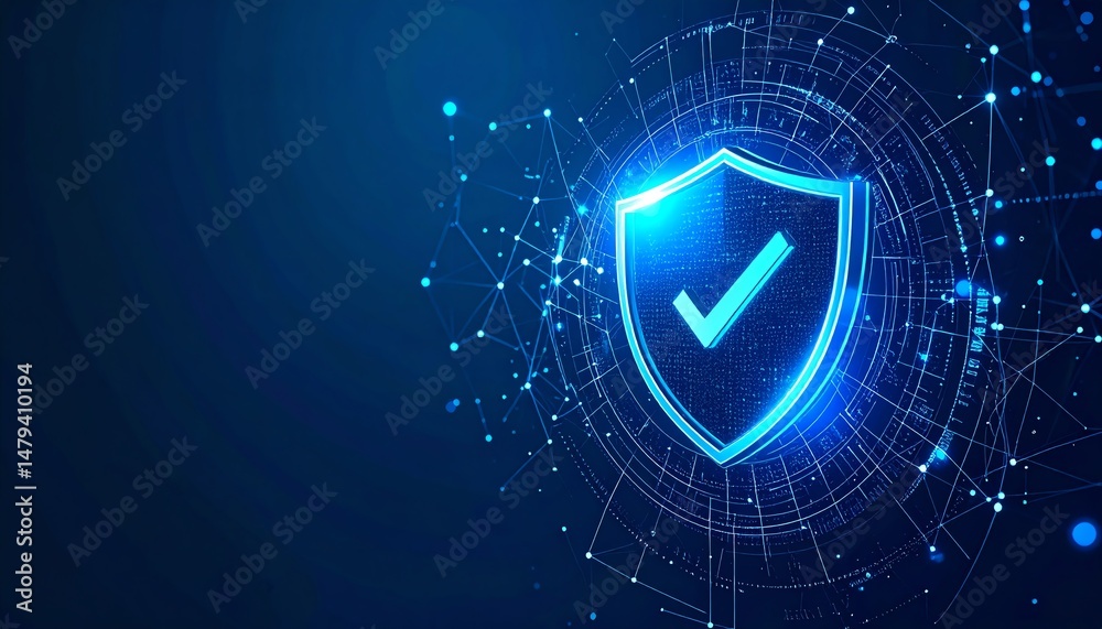 Poster a glowing shield symbolizing security and protection in a digital environment, surrounded by network