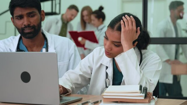 Medical indian professionals looking stressed, reviewing patient data together, sharing worried glances while working late in clinical setting