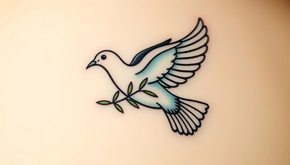 Fototapeta premium Dove of Peace Christian Tattoo The dove, a symbol of the Holy Spirit and peace in Christianity, is depicted in this tattoo with an olive branch, evoking tranquility and divine grace.