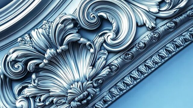 Intricate silver molding with swirling, floral designs against a light blue backdrop
