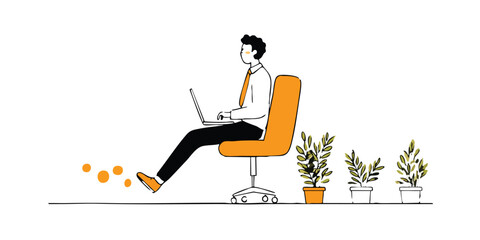 An innovative businessperson, diligently working on a laptop. Surrounded by potted plants that are in various states of growth, symbolizing the journey of growth and the cultivation of ideas.