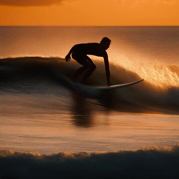 Silhouette of a surfer man on the beach riding the waves