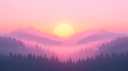 Pink and Purple Sunrise Over Foggy Mountains