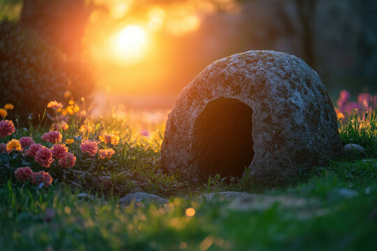 Sun setting behind a stone in tall grass.