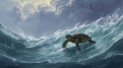Obraz premium A sea turtle rides a powerful ocean wave.