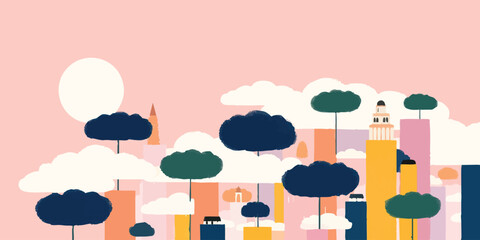 Abstract city illustration, the image depicts stylized buildings nestled among fluffy clouds. The colorful design evokes feelings of imagination and a sense of optimism.