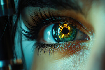 Close-up of a woman's eye with a bright green iris, showcasing intricate details and captivating gaze.